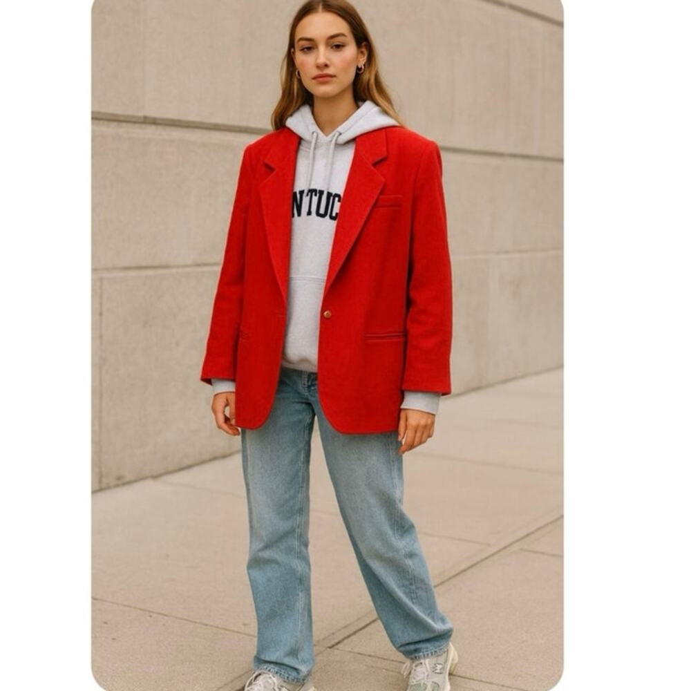 Vintage Red Wool Oversized Blazer Classic Preppy Clean Girl Off Duty Model - Picture 11 of 11